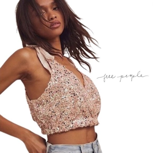 Free People Tops - Free People Big Night Sequin Crop Top - Champagne Rose - Size Large NWOT